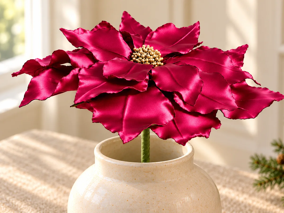 The finished satin poinsettia on its stem in a cream vase, with the gold bead center up close