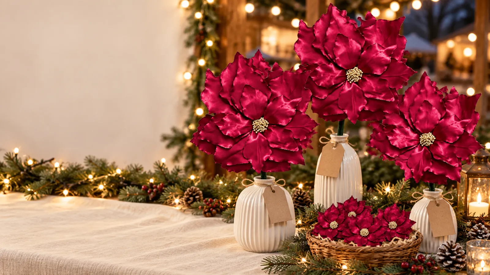 Satin poinsettias displayed on a holiday market table