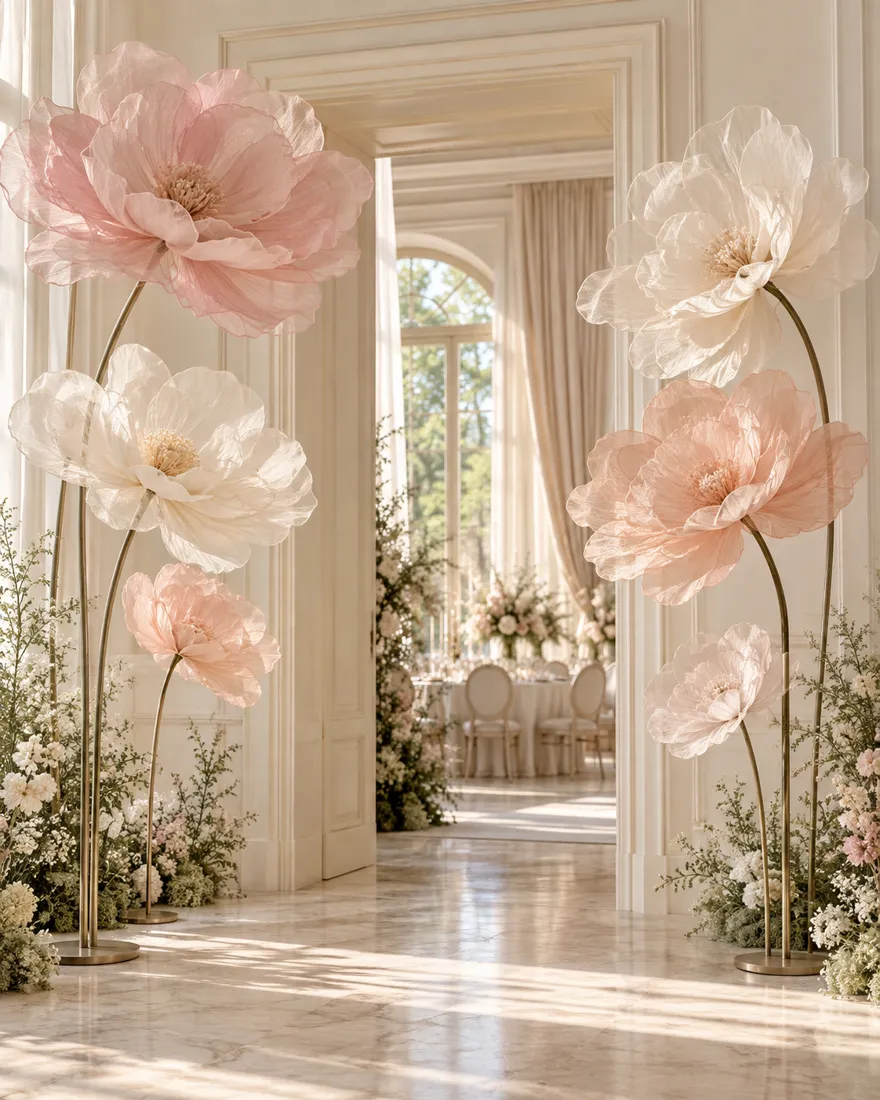 Giant sheer organza flowers at an event entrance