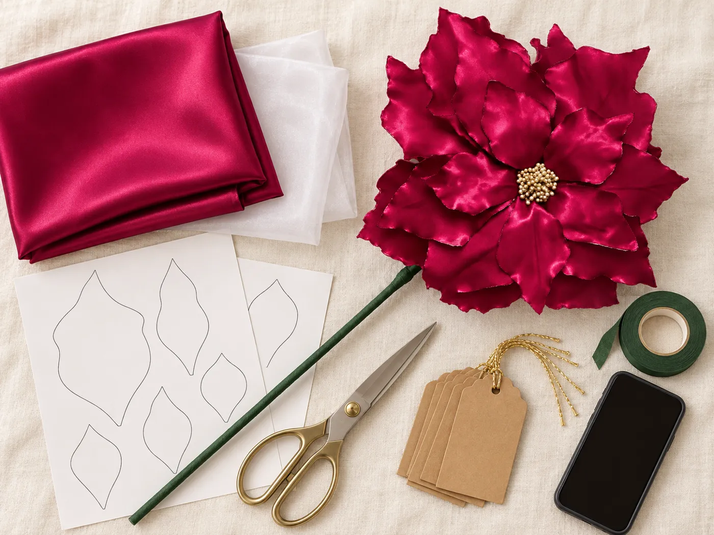 Satin, organza, templates, kraft tags and a finished poinsettia