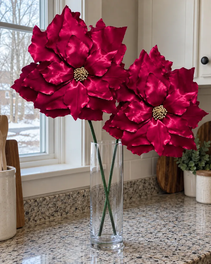 Two stem poinsettias in a tall glass vase