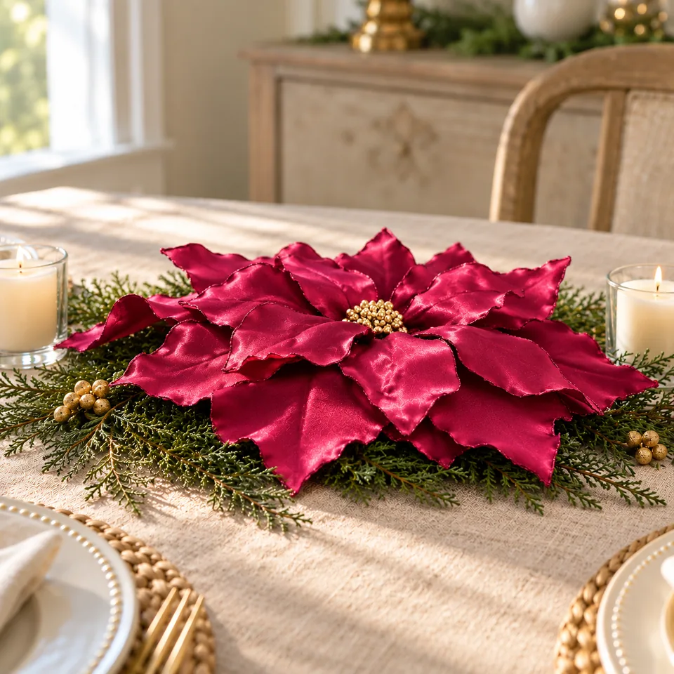 A satin poinsettia set low in the middle of a dining table with greenery and candles