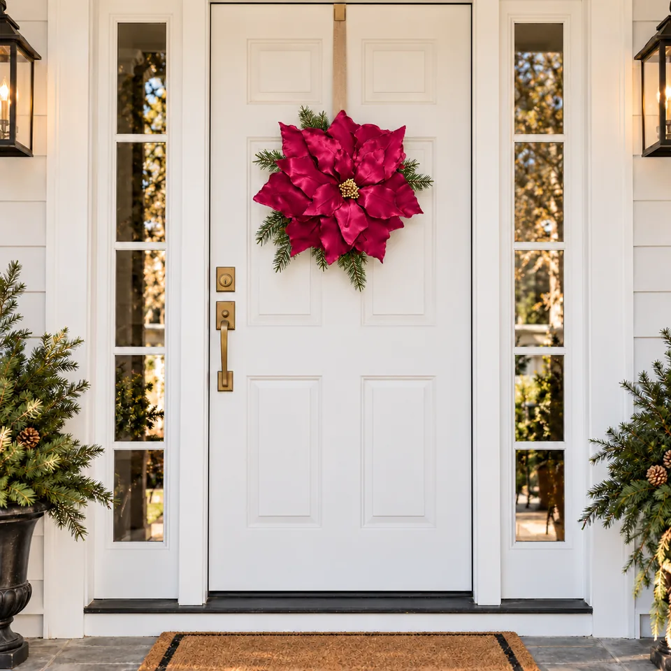 A satin poinsettia hung like a wreath on a white front door with sidelights