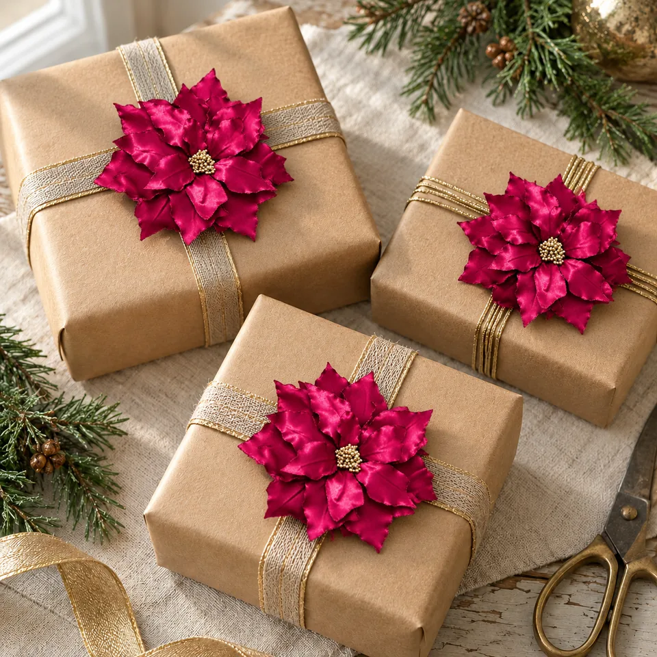 Small satin poinsettias on kraft-paper gift boxes instead of bows