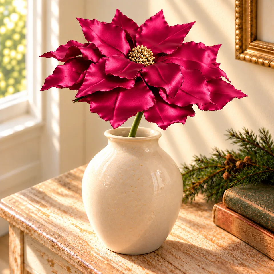 A satin poinsettia on its stem in an ivory vase on a wooden console, the bloom facing up